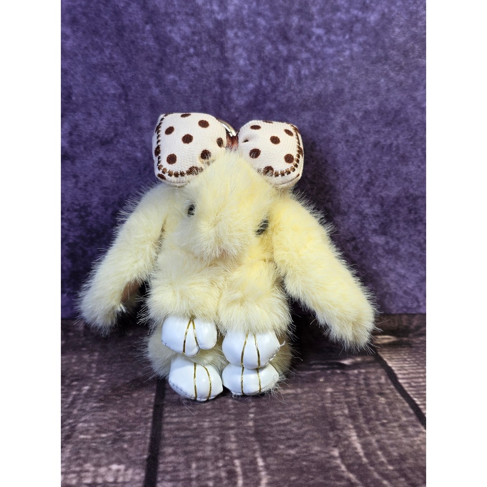 Yellow Faux Fur‎ Bunny Keychain Plush Rabbit Bag Charm with Polka Dot Bow